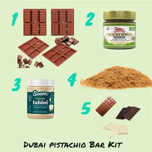 Dubai pistachio Kit - 1 6ct mold ,1 pistachio cream, 1 tahini, 2 chocolate bars , 1 baked Kataifi Crunchy