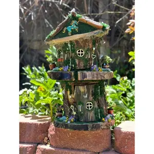 Fairy House 2 Level Tree Stump Fairy House Fully Decorated Inside & Out Has Lights One Of A Kind Must See Pictures