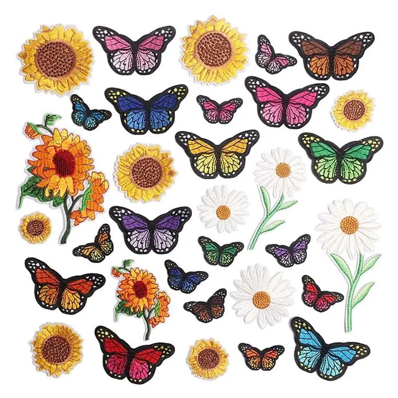 33 Pieces Flower Iron On Patches Set - Butterfly & Floral Appliques, Embroidery Design for Unisex Cycling Apparel, Hat, Jean Decor (Sports & Outdoor Use)