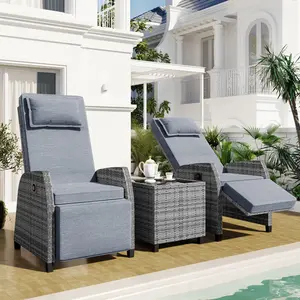 Outdoor Recliner Chairs Set of 2, 3 Piece Rattan Sofa Set, Patio Rocking Chairs Set with Adjustable Footrest, Outdoor Rattan Reclining Chairs with Table & Pillow for Backyard, Porch (Grey)
