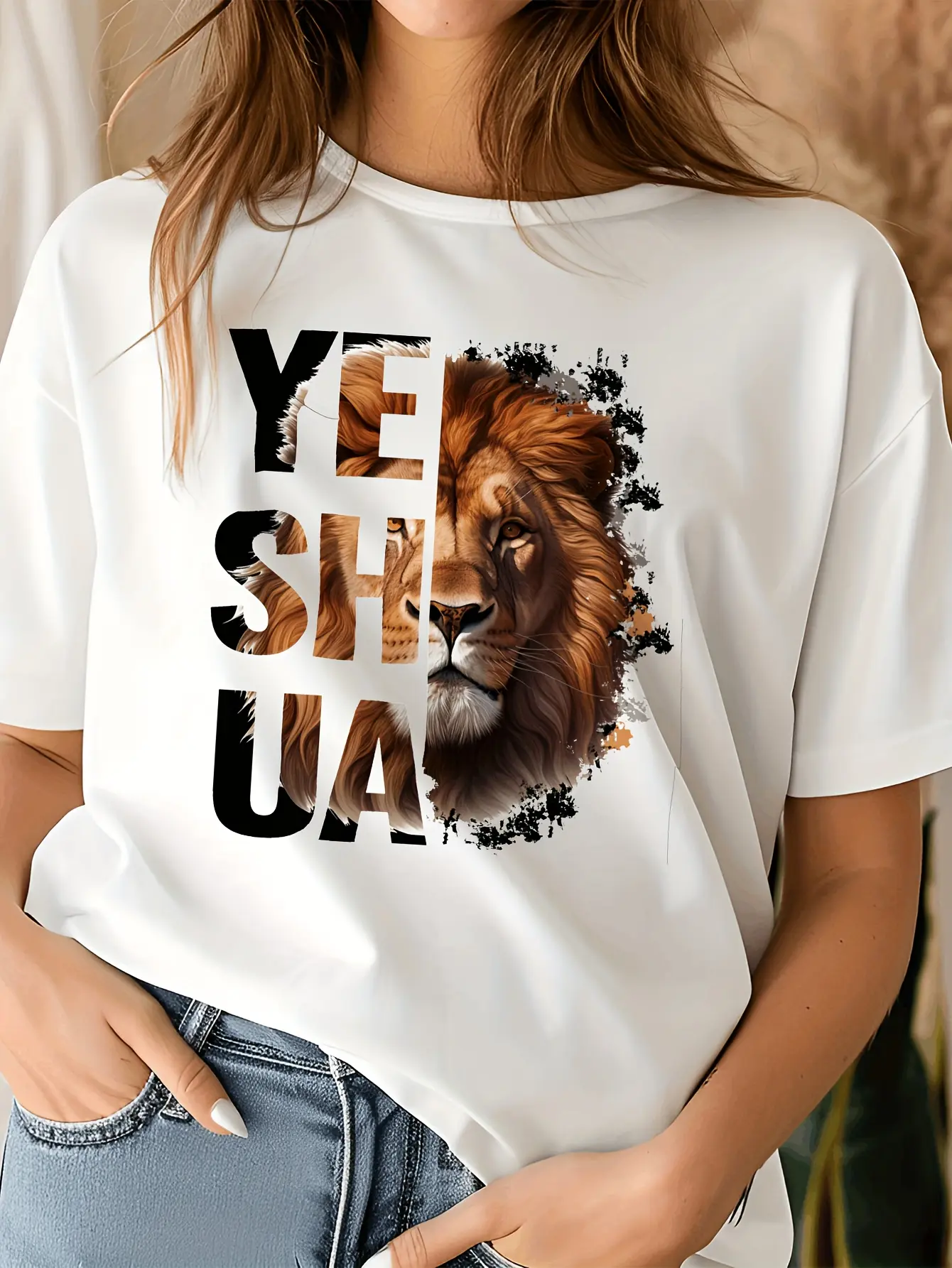 Yeshua Lion Graphic Tee, Summer Faith T-Shirt, 180G Short Sleeve For Easter And Pentecost, American Processing