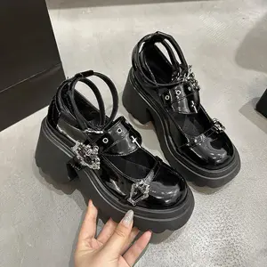 Gothic Y2K Doll Shoes - Women's Black Studded Platform Mary Janes Black Rivet Punk Leather Shoes