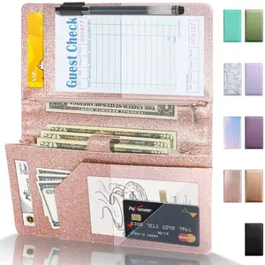 Server Book High Volume, Expandable Server Book,5"x9", Waitress Waiter Book, Leather Waitress Book with 2 Zipper Pockets and  Pocket, Server Books Booklet Fit Server Apron, Glitter Rose