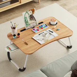 Foldable Laptop Bed Desk Table Tray with Cup Holder & Storage Drawer - Heavy-Duty Wood Lap Desk Suitable for Bed, Sofa, Couch, Bedside Use
