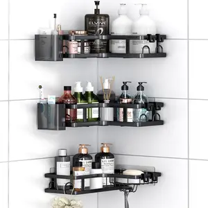 PHANCIR Corner Shower Caddy 5/6 PCS Set, Black Stainless Steel Bathroom Organizer, No-Drill Installation, Hooks & Toothpaste Holder Included