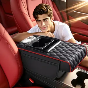 5-in-1 Organizer Car Glove Compartment Heightening Pad PU Leather Central Armrest with Cup Holder Integrated Soft Comfortable for All Seasons