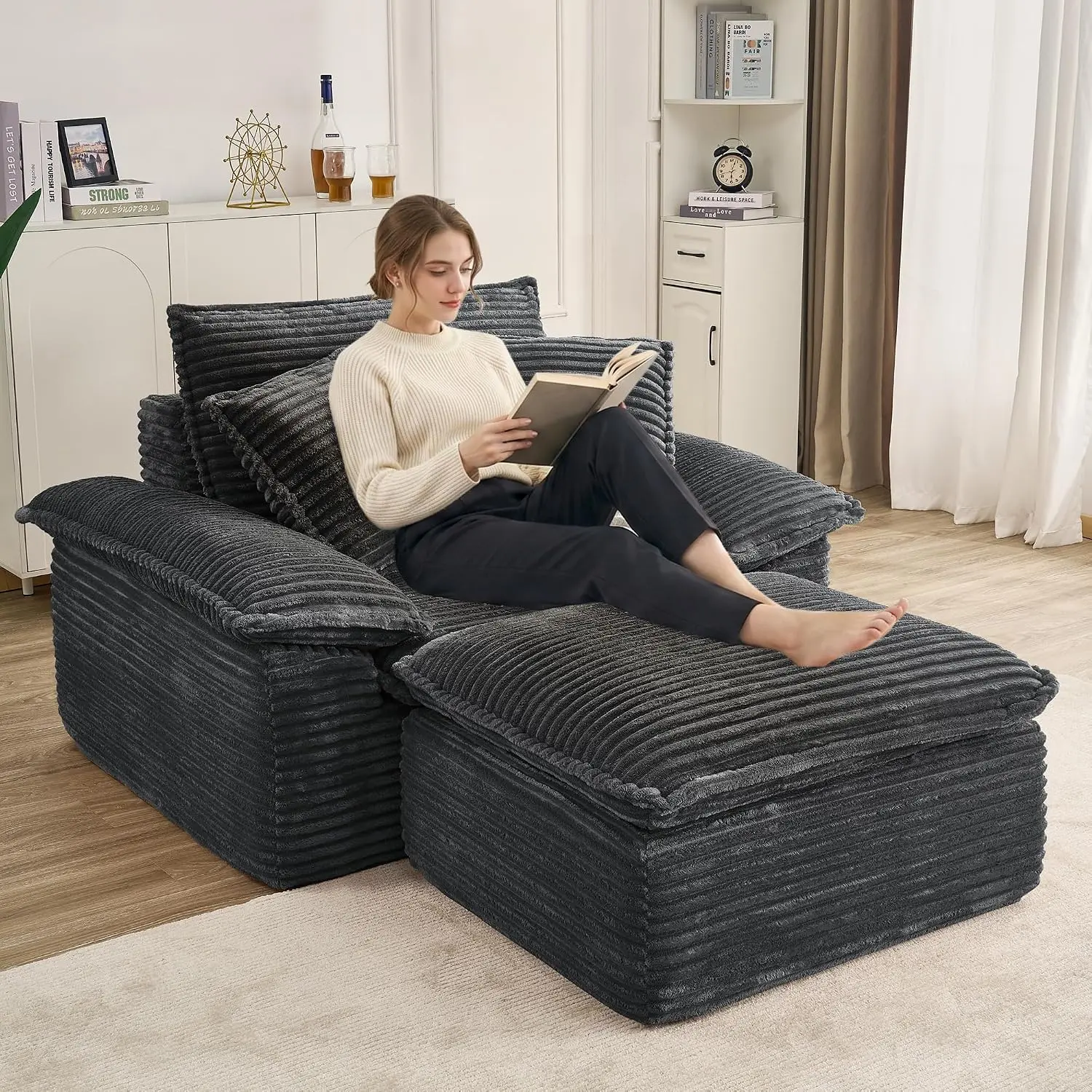 Corduroy Sofa Set with Ottoman, Chaise Lounge Chair Indoor, 47" Modern Single Boneless Cloud Sofa Memory Foam Couch Deep Seat with Pillow Cushion for Living Room, No Assembly Required(Grey)