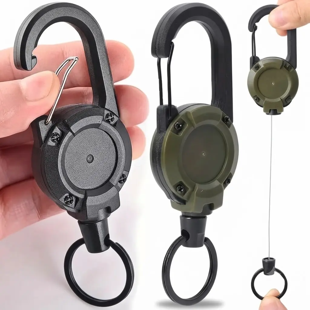 Heavy Duty Retractable Keychain Badge Reel, 2 Pack Tactical Carabiner Key Clips with Steel Wire Cable, Multi-Purpose Pull Cord Reel for Outdoor Hiking, Fishing Gear, ID Cards and Daily Carry