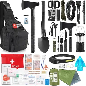 Survival Kit, 268 Pcs Emergency Survival Gear and Equipment Supplies with First Aid Kit, Camping Axe, Headlamp, Crossbody Bag for Camping, Hiking, Hunting, Gift for Christmas Men, Dads, Black
