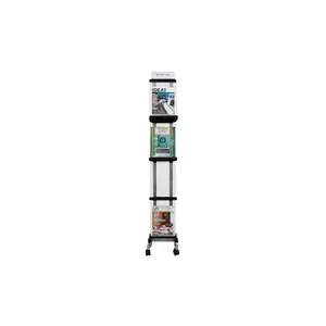4-Shelf Metal Alba Mobile Magazine Display, Compact Transparent Rolling Brochure Stand with Smooth Wheels, Lightweight Minimalist Home Organizer Rack