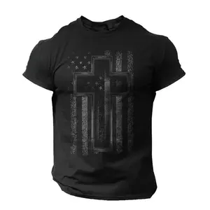 Cross USA Flag T-Shirt Christian Men Faith Gym Christ Casual 100% Cotton Top