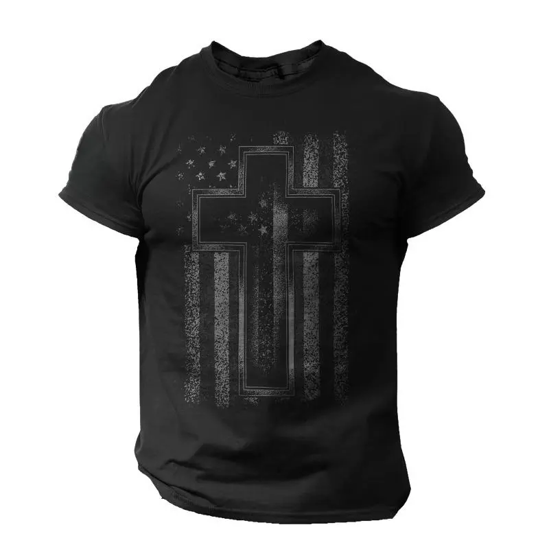 Cross USA Flag T-Shirt Christian Men Faith Gym Christ Casual 100% Cotton Top