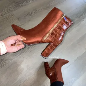 Cynthia boot cognac Ankle pointed toe crock embossed