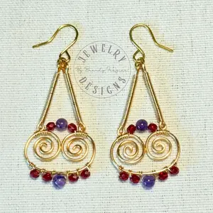 Brandy Frazier Handmade Beaded Wire Wrapped Earrings with amethyst & red Czech fire polished Glass Beads Hypoallergenic tarnish  resistant gold plated Jewelry 2.25" Length