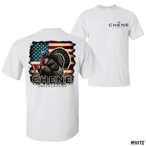 Chene Underground Graphic T-Shirt, Features Wild Turkey And American Flag Illustration With “Chene Underground” Text On Back And Small Logo On Chest, Hunting Theme Unisex Casual Tee, Gift For Turkey Hunters, Top Outdoor Streetwear Casual