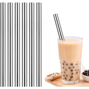 6-Pack Stainless Steel Straws for Boba Smoothie, 0.5'' Extra Wide Reusable Metal Straw, 8.5’’ Long Straight Drinking Straws for Bubble Tea Milkshake, Thick Beverages, 2 Brushes (Multicolor,Silver)