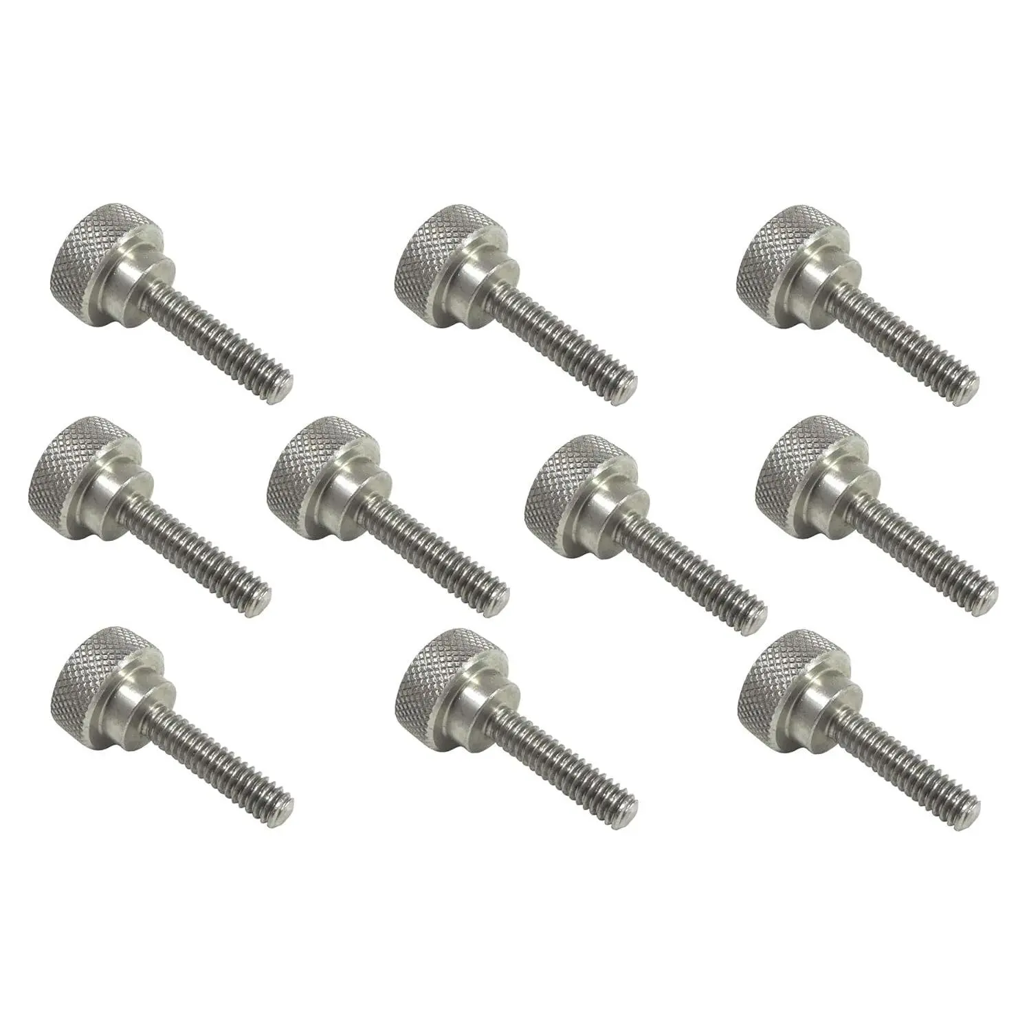 10 Pack 303 Stainless Steel Knurled Thumb Screws - 1/4-20 Right-Hand Straight Threads, 1 in Length, 0.500 in Diameter, .3125 in Height, SAE Flat Tip, Uncoated, Corrosion Resistant, Optimal Gripping, High-Temperature Resistant Fasteners