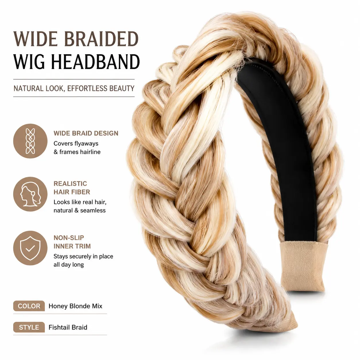 High-Crown Fishtail Braid Wig Headband for European-American Styles, Effortless Hairline Enhancer, Face-Flattering Fashion Hair Accessory