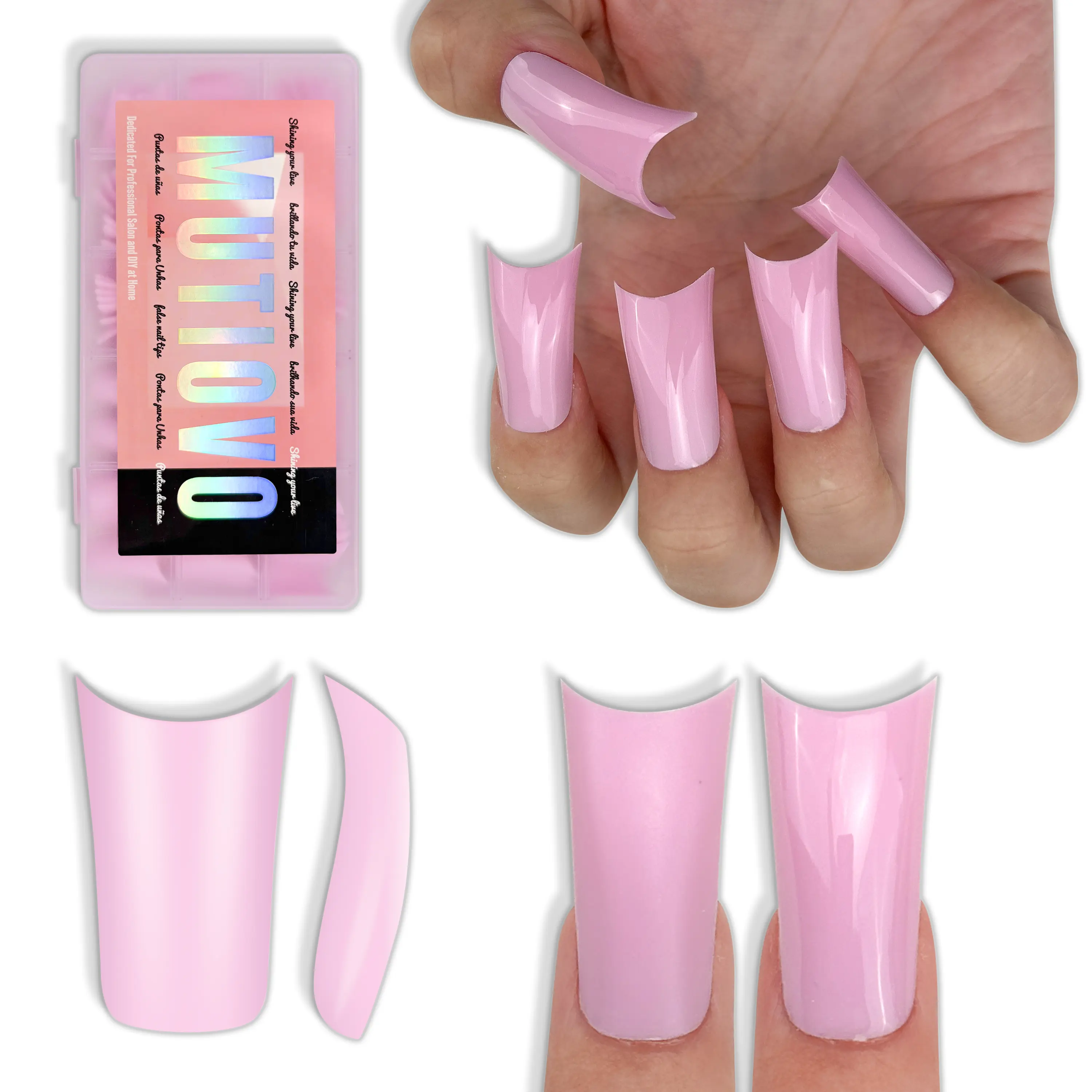MUTIOVO Medium Duck Nails Press on Nails Pure Color Pink 150 Pcs Pre-Designed Soft Gel Duck Nail Tips with Moon Curve, Extra Thick Flare False Nail Extension for DIY Acrylic Salon 15 Size