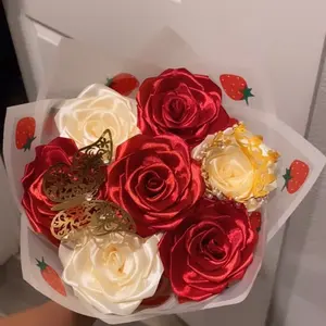 Eternal Strawberry Bouquet with Burgundy Roses and Beige Roses, Decorative Flower Centerpiece, Gift-Worthy Home Decor Item