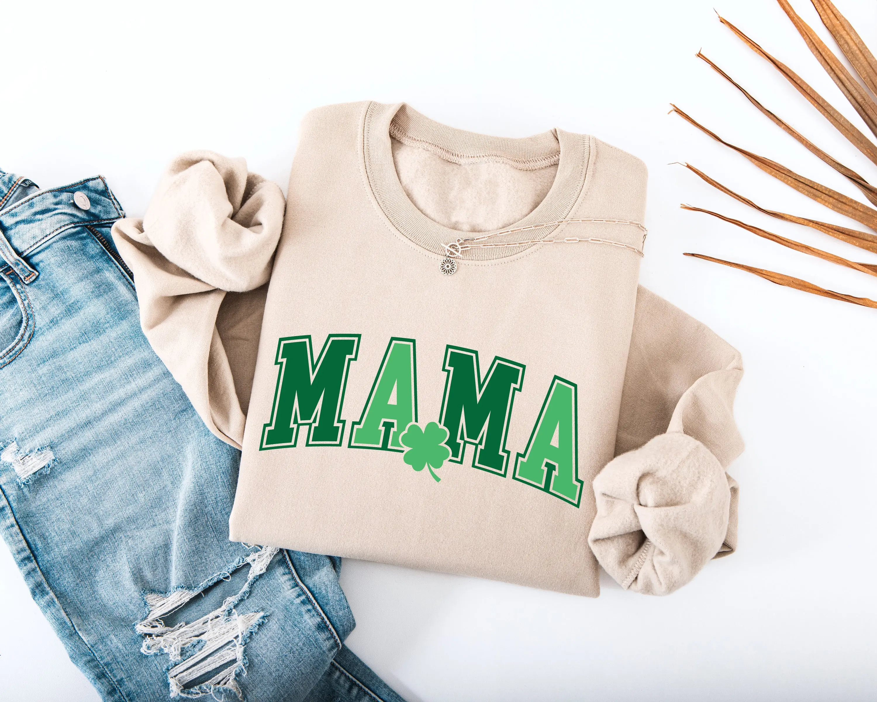 Shamrock Mama Adult Sweatshirt - Varsity Print with Shamrock Detail for St. Patrick's Day Celebrations - Hello Handpressed