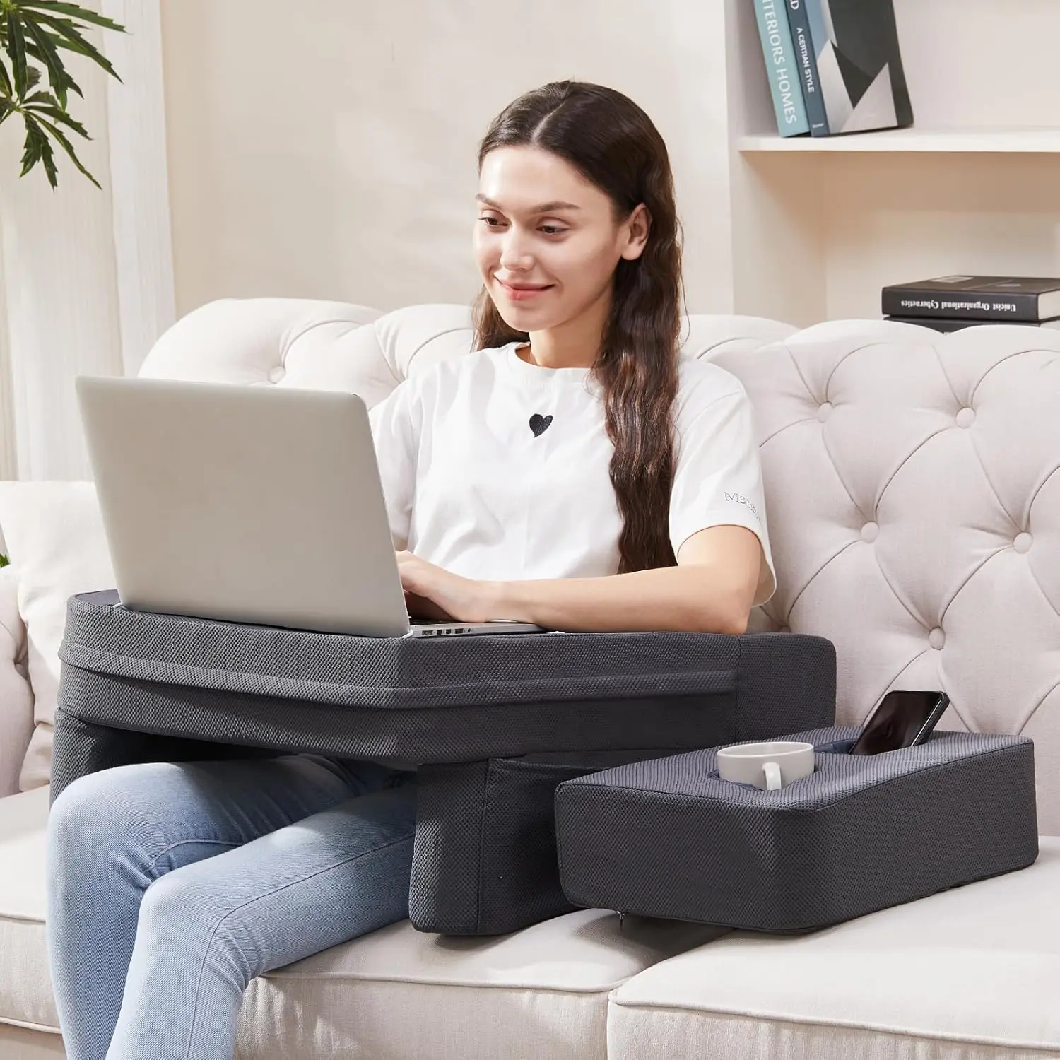Lap Desk for Laptop, Reading Pillow for Adult, Memory Foam Gaming Pillow with Cup Holder, Arm Rest Couch Pillow for Working, Gaming, Reading, Laptop Desk for Couch Bed Floor(Grey)
