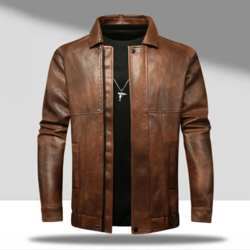Men’s Brown PU Leather Motorcycle Jacket – Windproof, Front Snapping Closure, Side Pockets, Elastic Hem, Tailored Fit, American Vintage Casual Style summervibes☀️