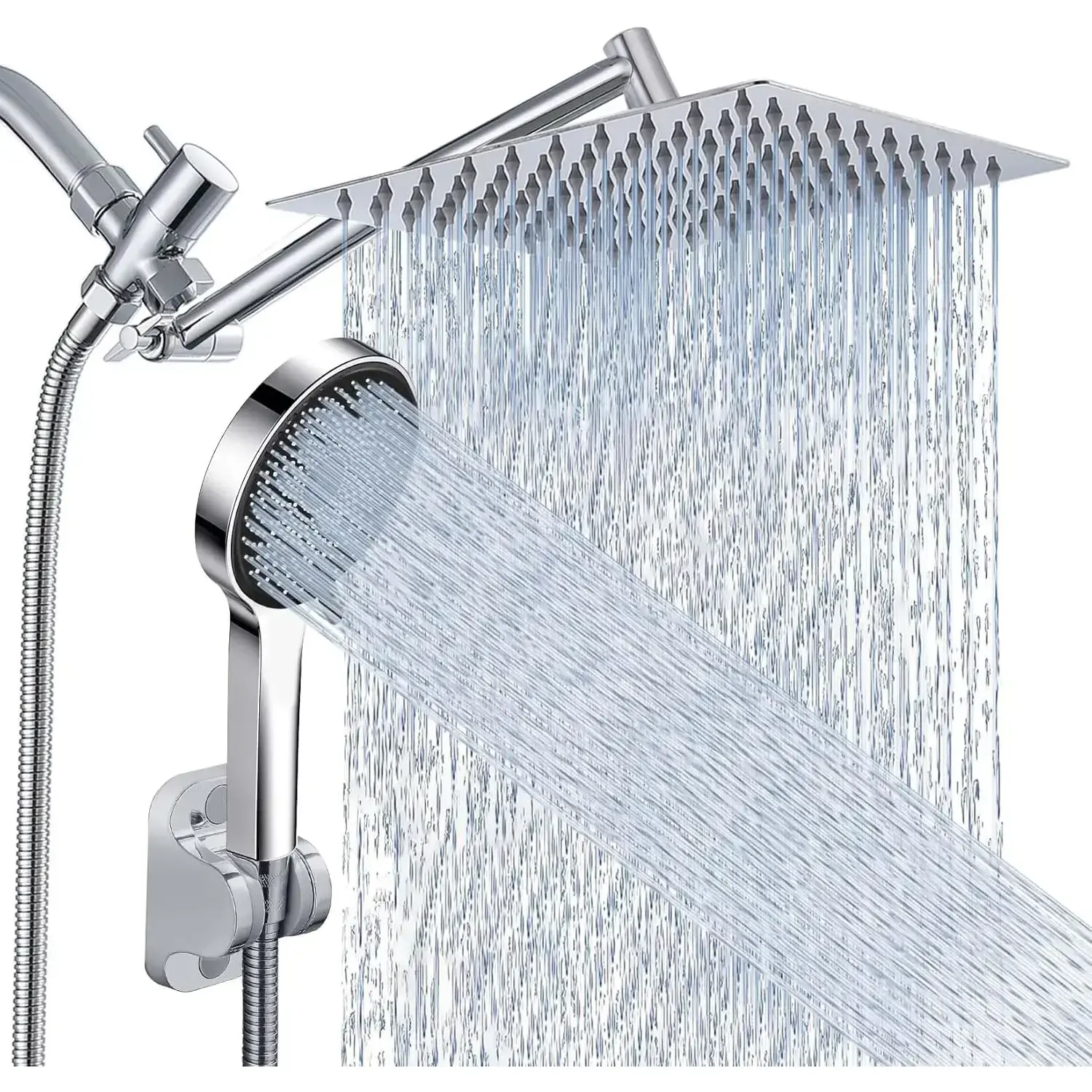 10-Inch High-Pressure Rain Shower Head with Handheld Spray Combo - Wall Mount, 1/2" Pipe Threads, Extension Arm, 60-Inch Hose, Waterproof, Anti-Oxidation Bathroom Fixture (Silver)