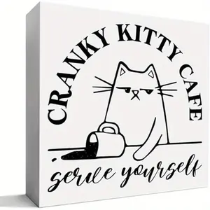 Funny Cat Coffee Table Decor Wooden Sign, Cat Coffee Decoration for Home Coffee Bar Cafe Coffee Shop Station Corner Kitchen Decor Sign, Gift for Women Men Coffee Lover Cat Lover Owner 5x5 inch