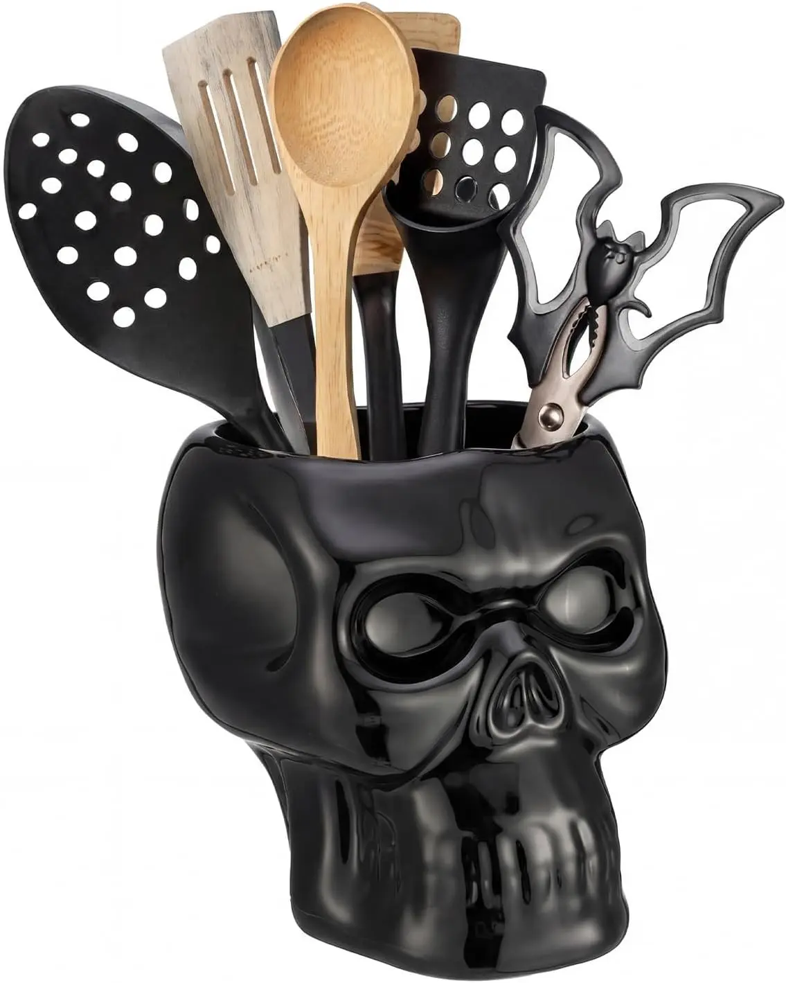 Ceramic Skull Utensil Holder Large Kitchen Utensil Crock Gothic Countertop Organizer for Home Decor