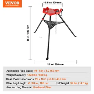 VEVOR 460-6 Tripod Pipe Chain Vise 1/8-6 Capacity, Pipe Stand Portable Foldable Steel Legs, Pipe Jack Stands with Tool Tray, Tripod Stand Chain Vise Ideal for a Variety of Pipe Materials