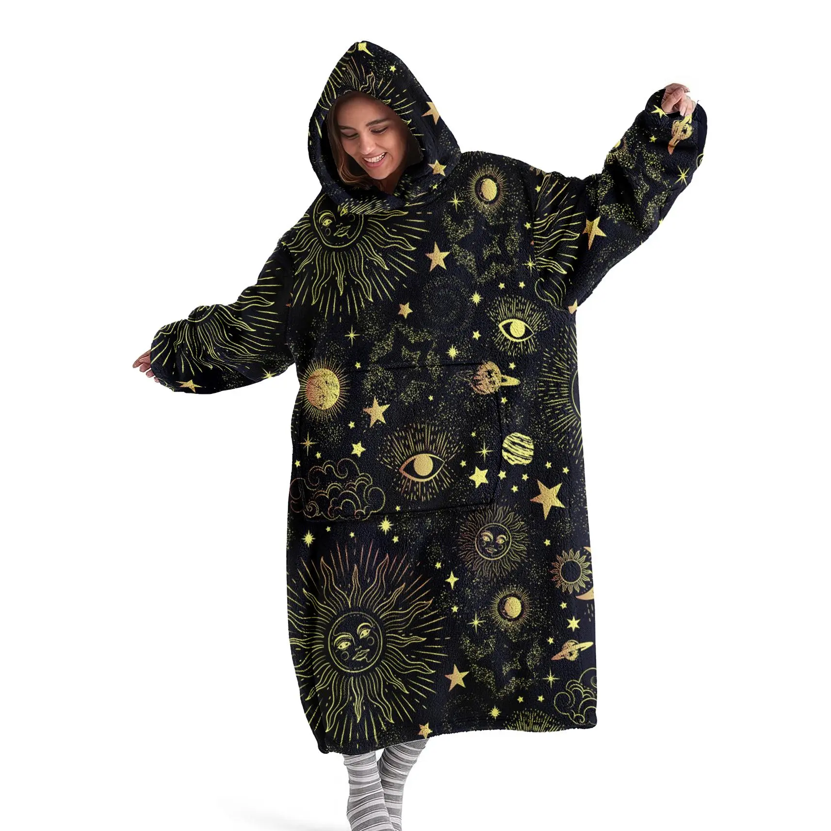 hoodie blanket，Wearable Blanket、Cozy Hooded Blanket Wearable Digital Print Flannel, Soft Warm Star Moon Pattern, Retro Mystery, Sofa Cover, Home Leisure, Air Conditioning, Camping Travel Gift、Christmas Gift,Valentine's Day gift