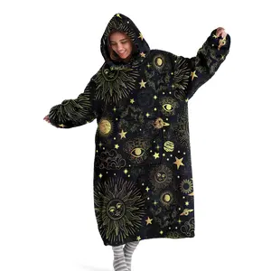 hoodie blanket，Wearable Blanket、Cozy Hooded Blanket Wearable Digital Print Flannel, Soft Warm Star Moon Pattern, Retro Mystery, Sofa Cover, Home Leisure, Air Conditioning, Camping Travel Gift、Christmas Gift,Valentine's Day gift