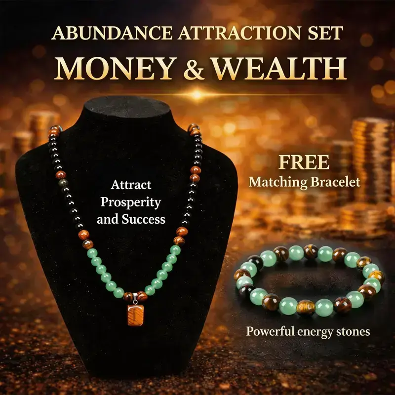 B Money Attraction Necklace+ Bracelet With Green Aventurine & Tiger Eye Pendant Healing Crystal Stone ，Anniversary, Vacation &Theme Parties Jewelry Charms Abundance Crystal bracelet，Long Chain，Sweater chain，Ideal Gift Jewelry for Men and Women