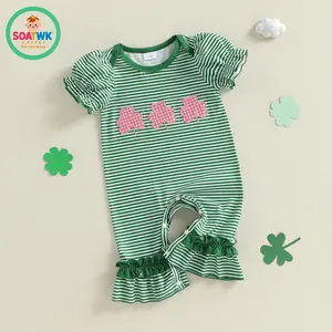 Baby Girl Irish Day Striped Romper Short Sleeve Round Neck Clover Embroidery Jumpsuits