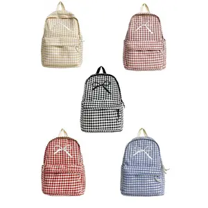 Coquette Bow Embroidered Checkered Backpack
