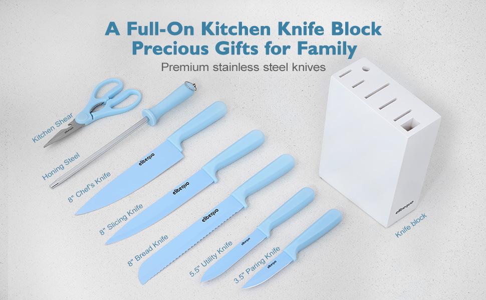 ELITEQUO 8 Piece Knife Set with Blue Ceramic Coated Blades, Stylish Wooden Block & 8 Inch Sharpener - Elegant Kitchen Knife Block for Modern Culinary Excellence