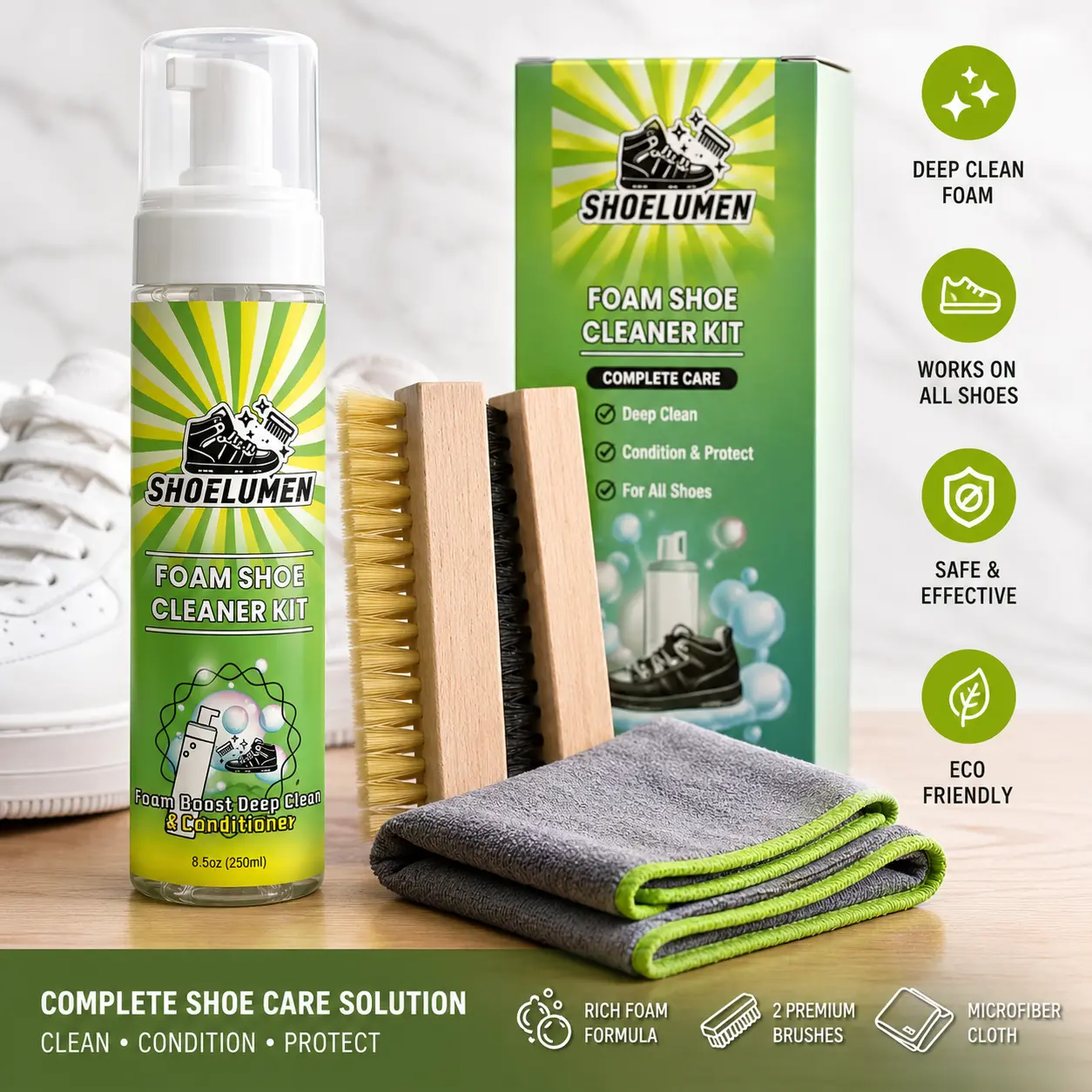 Sneaker Cleaning Kit 8.5 Oz with 2 Brushes, Effective Dirt and Stain Remover for White Shoes and Leather Sneakers