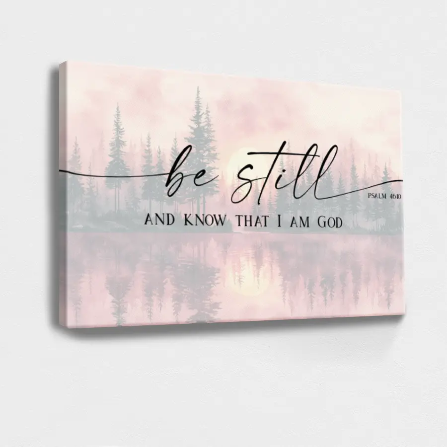 1pc Minimalist Pink Religious Christian Quote Wood-Framed Canvas Print - "Be Still And Know That I Am God", Fade-Resistant Wrapped Wood Frame, Made in the USA, Indoor Home Decor, Christian Gift for Artists