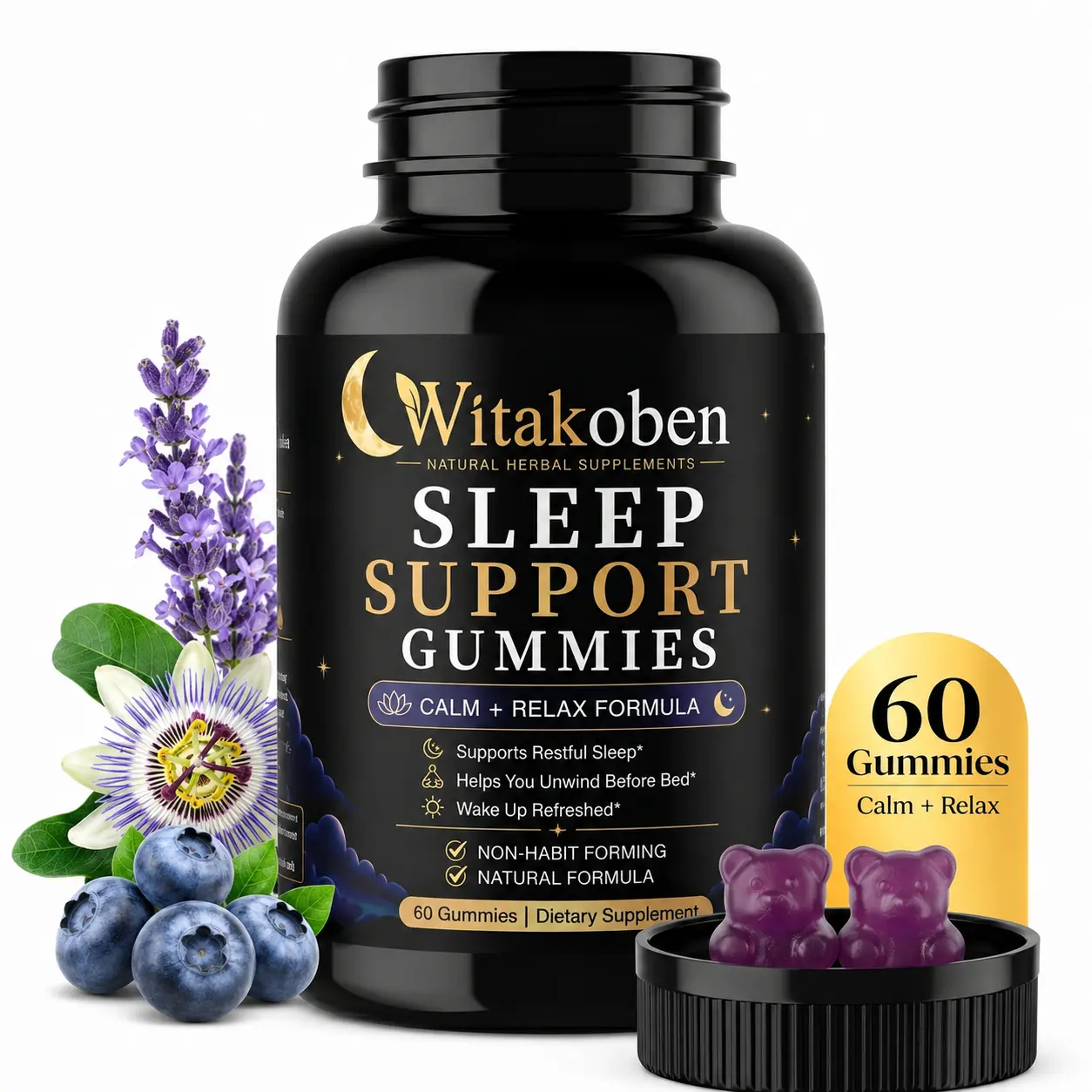 Witakoben Sleep Support Gummies for Adults, Calm & Relax Formula, Non-Habit Forming, Berry Flavor, 60 Gummies, 30-Day Supply