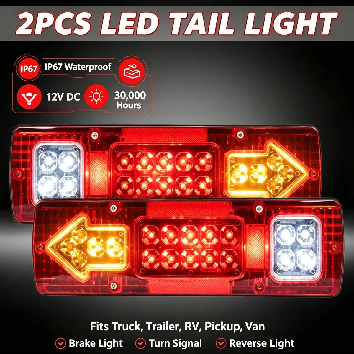 RV 19 LED Trailer Tail Lights Red White-Amber Integrated Turn Signal Running Lamp for ATV Truck 12V - 2PCS