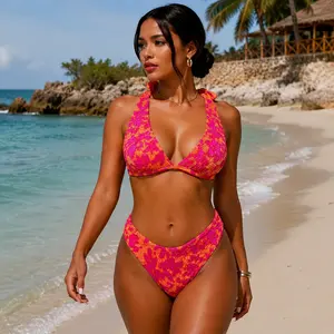 Women Textured Bikini Set Hot Pink Orange Abstract Print Deep V Swimsuit, Shoulder Tie Two Piece Swimwear, High Leg Bikini Bottom, Open Back Hook Closure, Resort Beach Vacation Poolside Bathing Suit