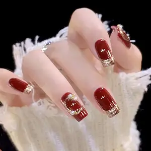 Household daily necessities Press on Nails Square Medium Length, Artificial Acrylic Fake Nails with Red Pearl Rhinestone Designs, 24Pcs Full Cover Reusable Coffin False Nails Set, Women Glue on Nails Stick on Nails for Nail Art