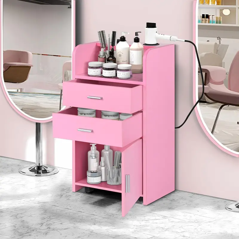 HOMBCK Sturdy Modern Classic Stable Wood Commercial Salon Hair Stylist Station - 2 Drawer Quiet Closing Less Noise Cabinet, Hard Rubber Castors, 2 Hair Dryer Holders, Mobile Unit