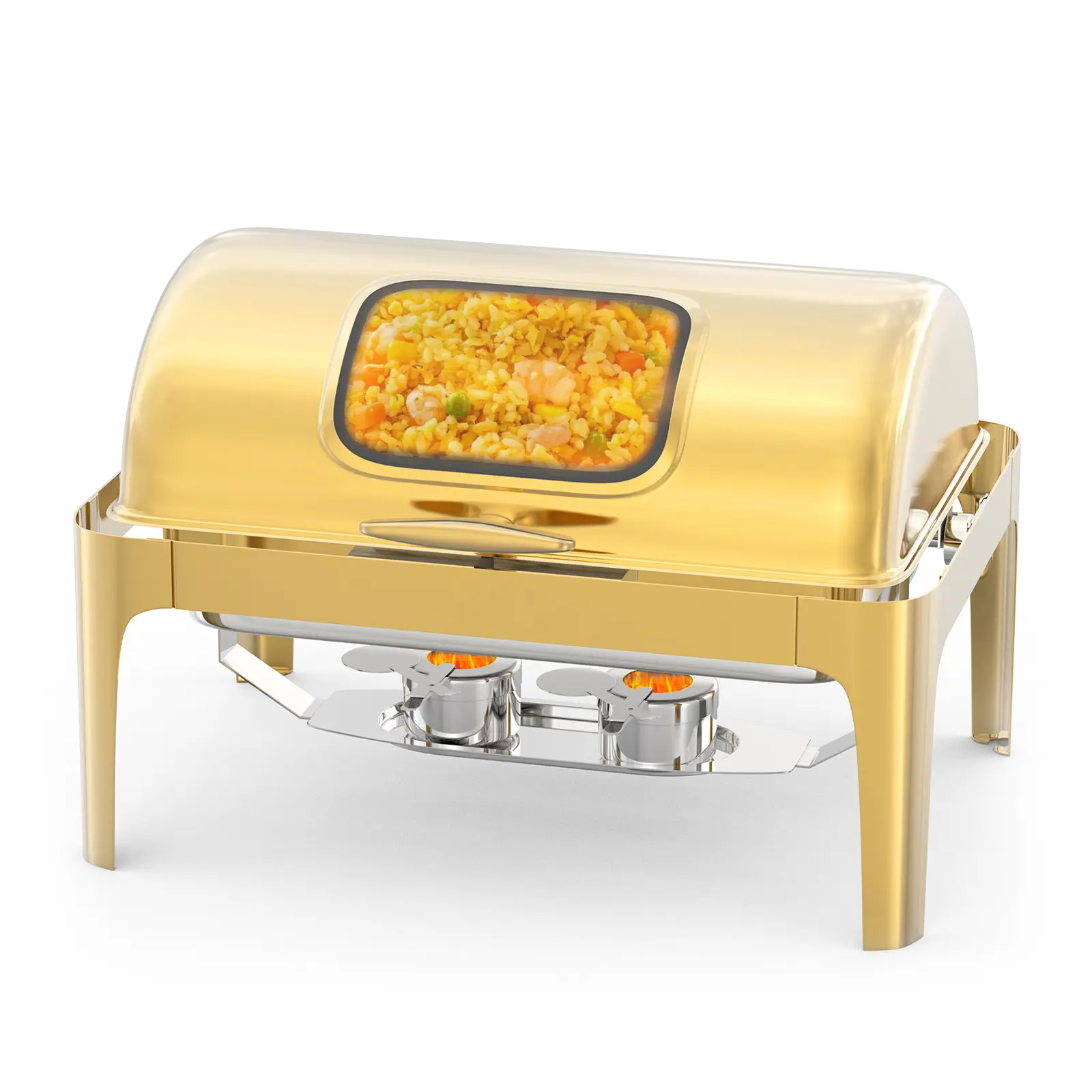 [Football Fan SeasonDeal] Professional 9QT Stainless Steel Roll Top Chafing Dish - Full Size Buffet Food Warmer Server - Visible Lid, 90°/180° Opening, Water Pan, Stand, Fuel Holder - Commercial Catering Equipment