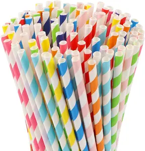 100 Pcs Biodegradable Paper Straws, Assorted Rainbow Colors Striped,for Drinks, Parties, Crafts