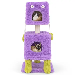 COSTWAY - Cute Monster-Themed Cat Tower with 2 Private Condos for Small Place-Purple