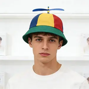 Unisex Spring & Autumn Color-Blocked Bamboo Dragonfly Propeller Fashion Bucket Hat – Sun Protection & UV Shield