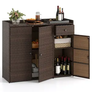 COSTWAY - Outdoor PE Wicker Storage Cabinet with 3 Doors for Deck