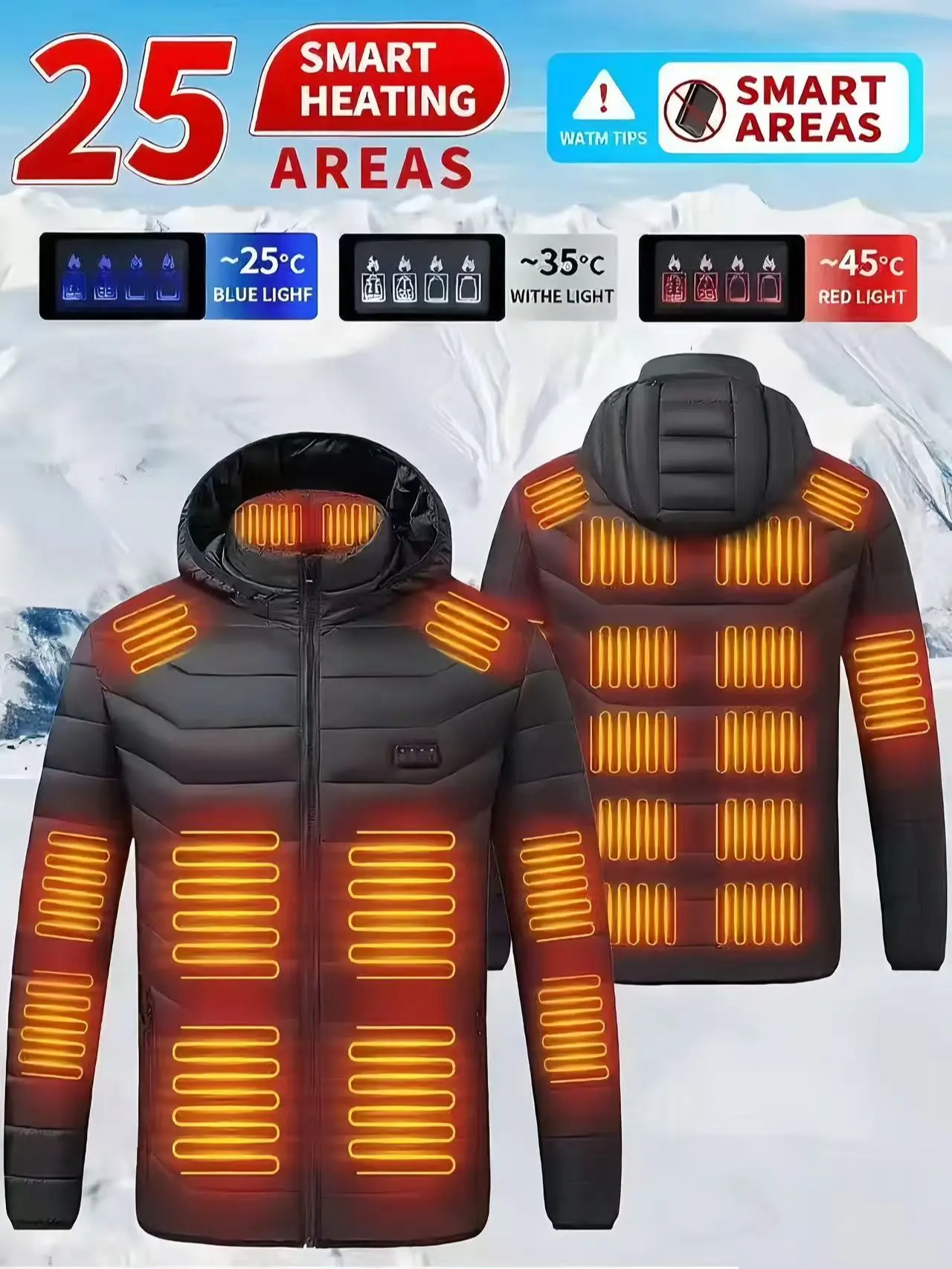 Men's and women's heated jackets, heated cotton coat, 25-zone heating, USB-powered electric outerwear, hooded jacket, daily commuting, autumn and winter outings, skiing, camping, snow hiking, essential for keeping warm